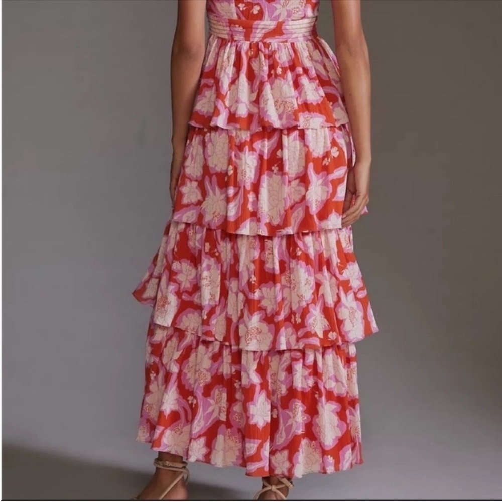 Anthropologie Vineet Bahl Red Floral Tiered Ruffle Cutout Maxi Dress 14 NWT - Picture 7 of 10